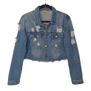 CHERRY Distressed Cropped Long Sleeve Medium Blue Jean Denim Jacket Large